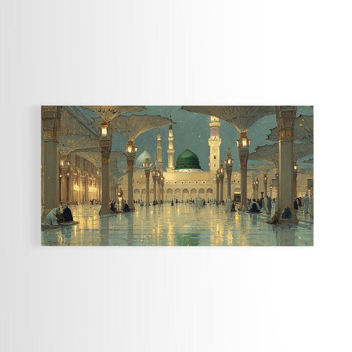 Golden Mosque Courtyard At Night Wall Art, Islamic Architecture Art Print, Serene Ramadan Decor And Muslim Gift For Prayer Room