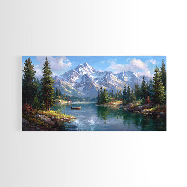 Snowy Mountain Lake With Canoe Framed Canvas Print, Alpine Landscape Wall Art, Rustic Cabin Decor, Nature Gift For Living Room