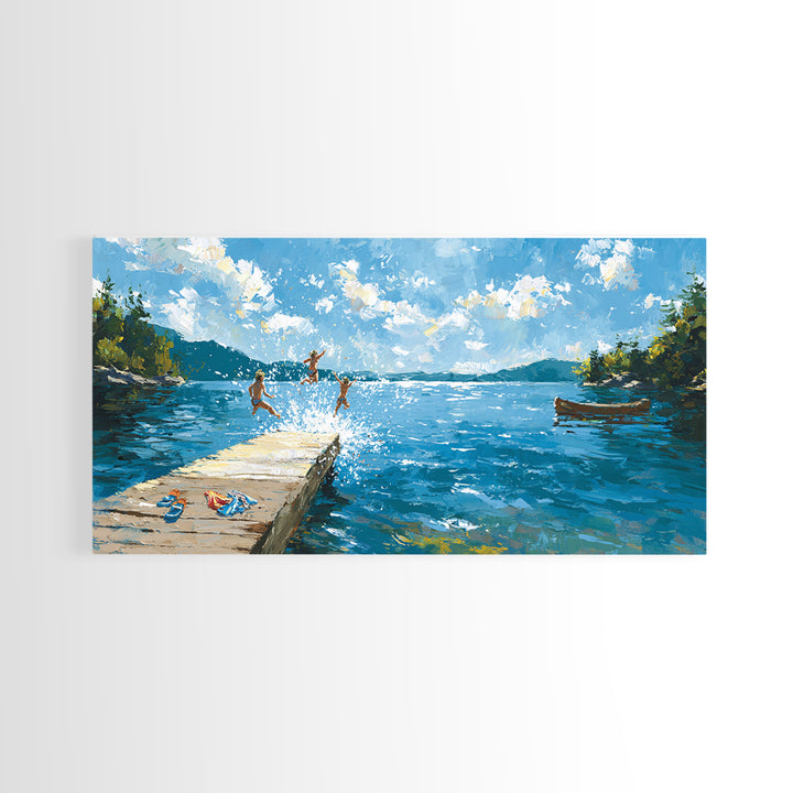 Summer Lake Dock Wall Art, Kids Swimming And Canoe Canvas, Bright Coastal Cabin Decor, Lake House Living Room Print Gift
