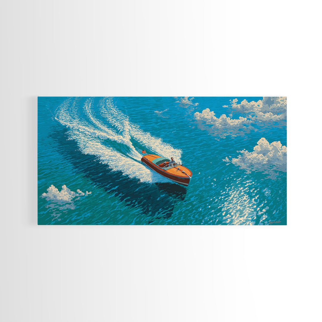 Orange Speedboat On Blue Ocean Canvas Print, Coastal Wall Art, Nautical Beach House Decor, Summer Travel Gift For Him, Art Print