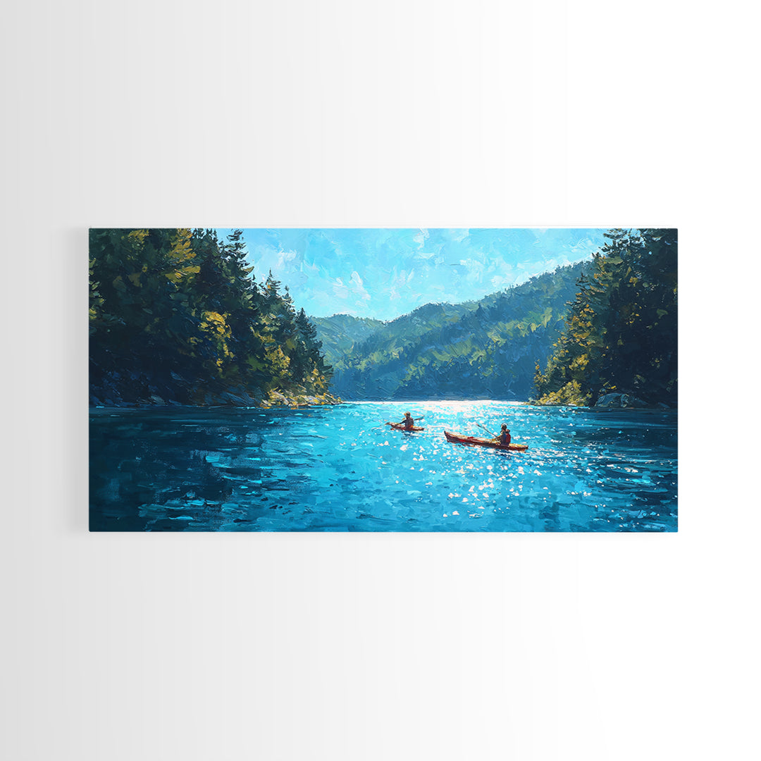 Kayakers On Blue Mountain Lake Wall Art, Forest Landscape Canvas Print, Calming Nature Decor, Serene Cabin Living Room Wall Art