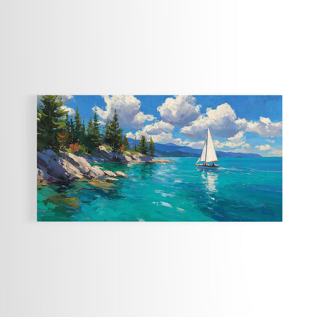 White Sailboat On Turquoise Lake Wall Art, Coastal Landscape Canvas Print, Nautical Decor, Beach House Living Room Wall Art