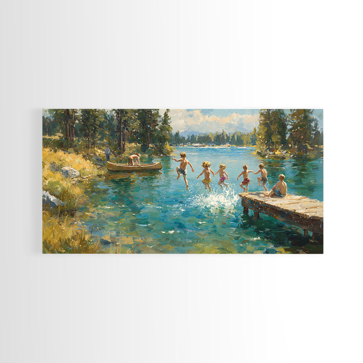 Children Jumping Into Summer Lake Canvas Print, Impressionist Landscape Wall Art, Cabin Decor, Lake House Art, Family Gift