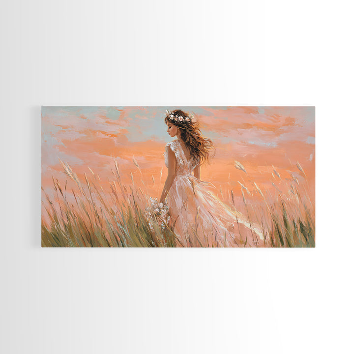Boho Bride In Golden Meadow Canvas Print, Romantic Feminine Wall Art, Soft Peach Sunset Bedroom Decor, Wedding Gift For Her