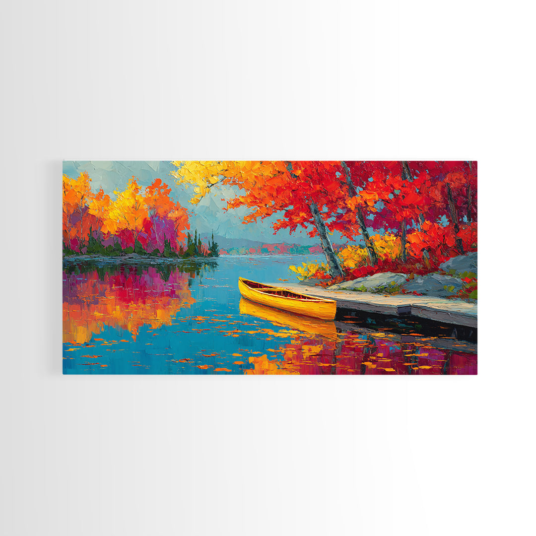 Autumn Canoe Lake Painting Canvas Print, Colorful Fall Landscape Wall Art, Lake House Decor, Rustic Cabin Living Room Art