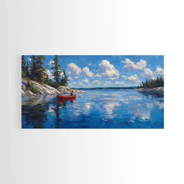 Red Kayak Mountain Lake Wall Art, Blue Water Landscape Canvas, Peaceful Cabin Decor For Lake House, Nature Art Print Gift