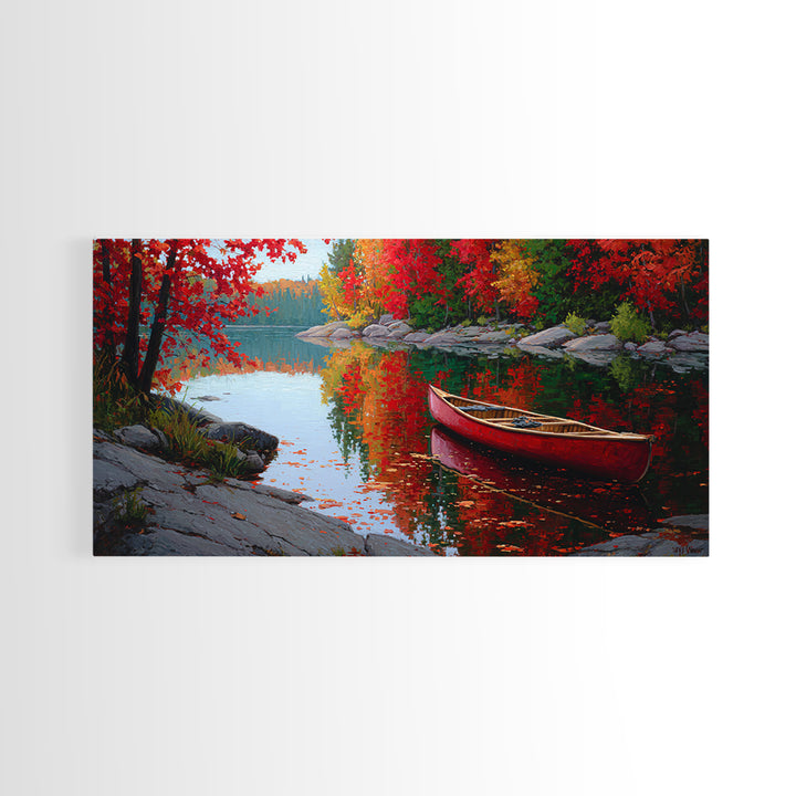Red Canoe On Autumn Lake Framed Canvas Print, Cabin Wall Art, Fall Landscape Painting, Rustic Lake House Decor, Nature Art Print