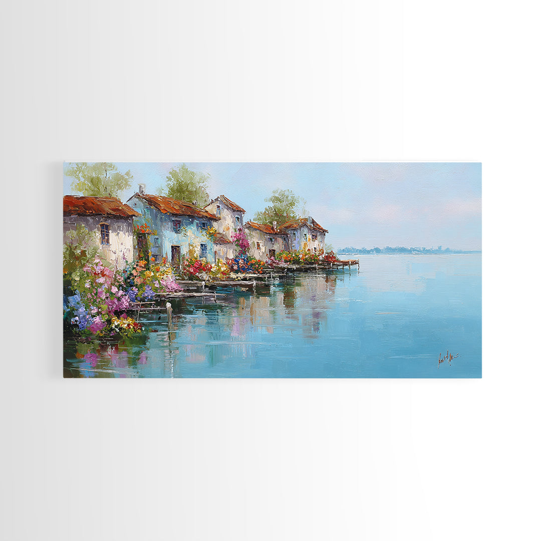 Mediterranean Village Reflected On Blue Water Wall Art, Italian Coastal Canvas Print, Lake Como Decor, European Home Decor