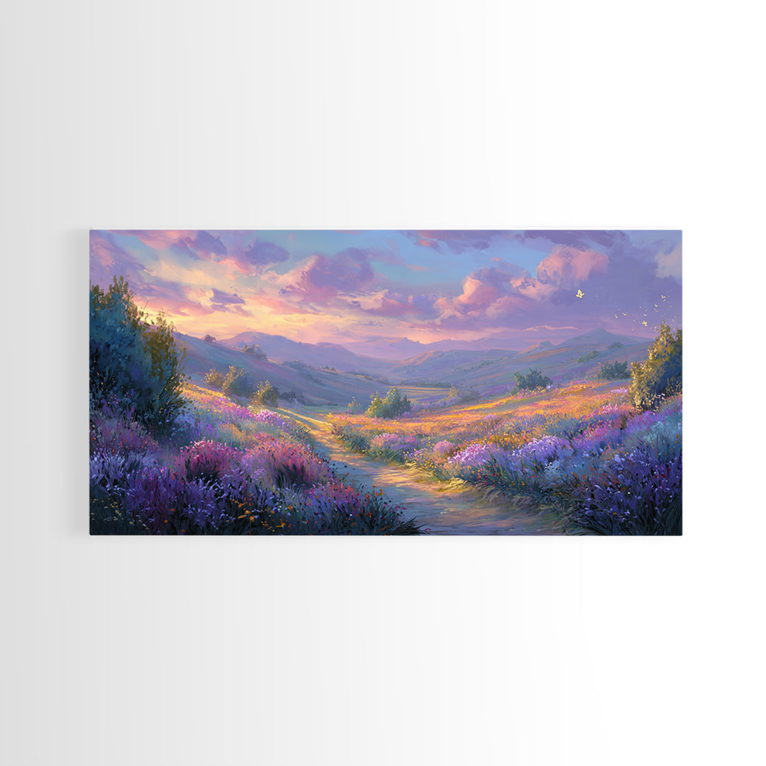Lavender Mountain Valley Canvas Print, Colorful Landscape Wall Art, Purple Wildflower Living Room Decor, Statement Large Print