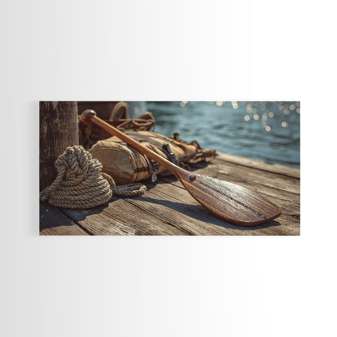 Weathered Paddle And Rope On Dock Canvas Print, Nautical Wall Art, Lake House Decor, Coastal Cabin Gift, Rustic Boat Print