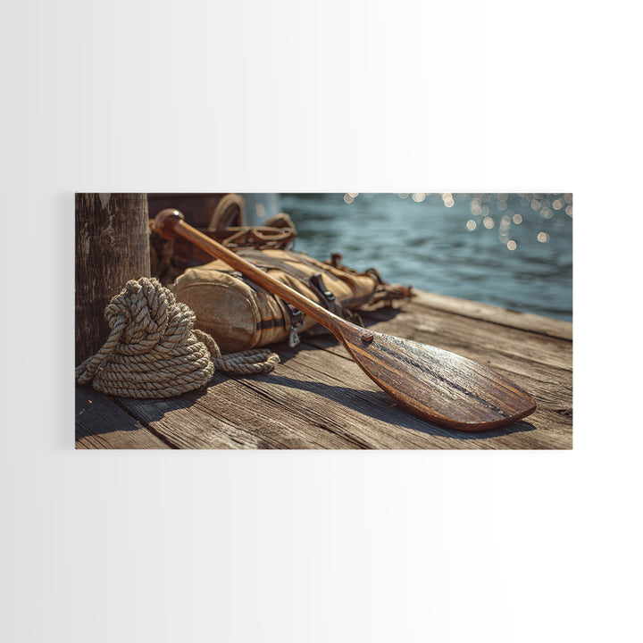 Weathered Paddle And Rope On Dock Canvas Print, Nautical Wall Art, Lake House Decor, Coastal Cabin Gift, Rustic Boat Print