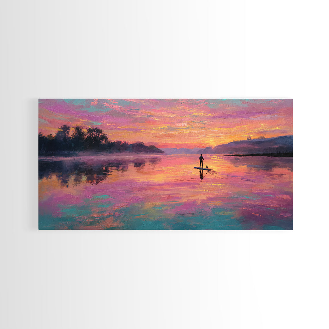 Paddleboarder On Pink Sunset Lake Wall Art, Colorful Seascape Canvas Print, Romantic Coastal Decor, Large Living Room Art