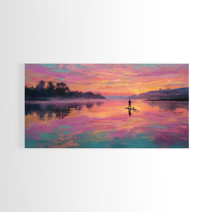 Paddleboarder On Pink Sunset Lake Wall Art, Colorful Seascape Canvas Print, Romantic Coastal Decor, Large Living Room Art