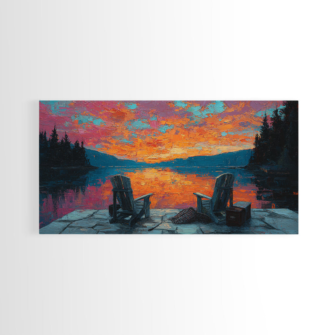 Two Adirondack Chairs By Vivid Lake Sunset Canvas Print, Cabin Wall Art, Rustic Decor, Lake House Decor, Cozy Gift For Living Room