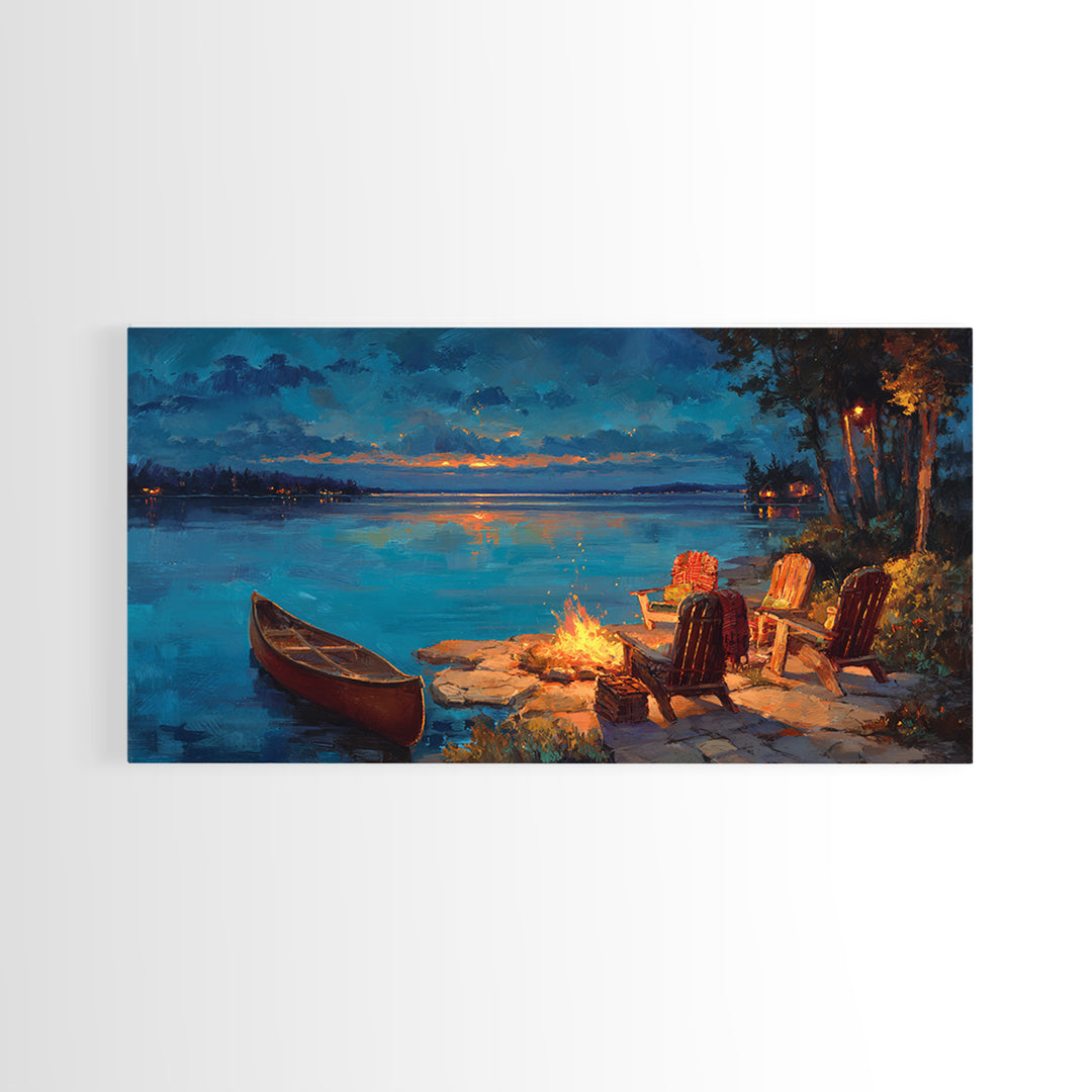 Cozy Lakeside Campfire Wall Art, Adirondack Chairs And Canoe Canvas, Rustic Lake House Cabin Decor For Living Room Decor