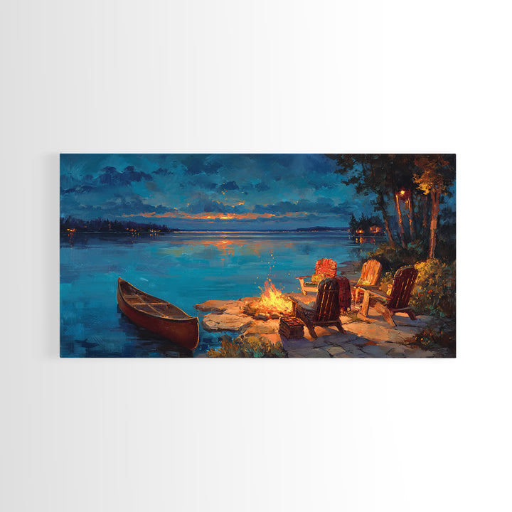Cozy Lakeside Campfire Wall Art, Adirondack Chairs And Canoe Canvas, Rustic Lake House Cabin Decor For Living Room Decor