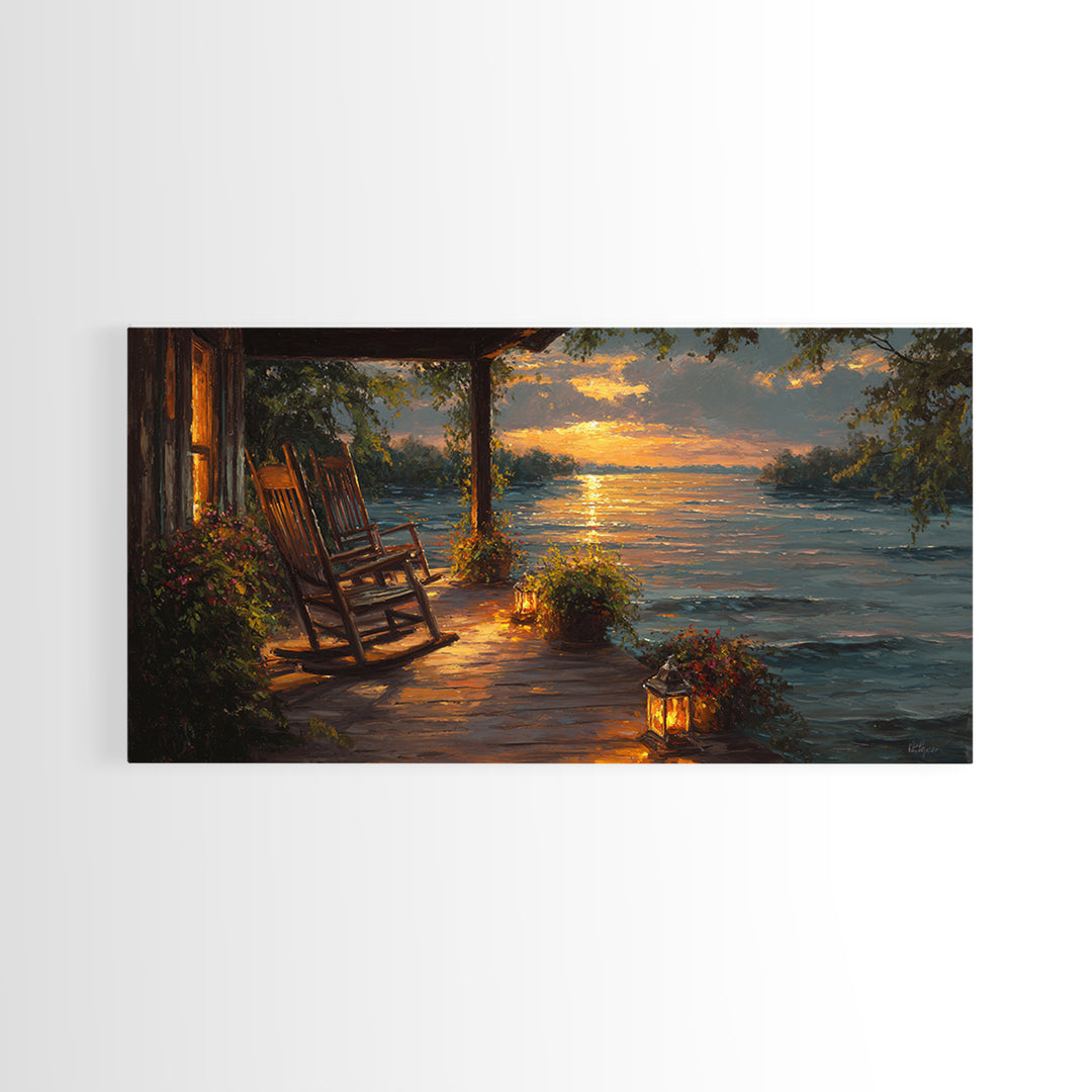 Sunset Porch Rocking Chair By Lake Wall Art, Cozy Cabin Canvas Print, Rustic Lakeside Home Decor, Housewarming Gift, Living Room Decor