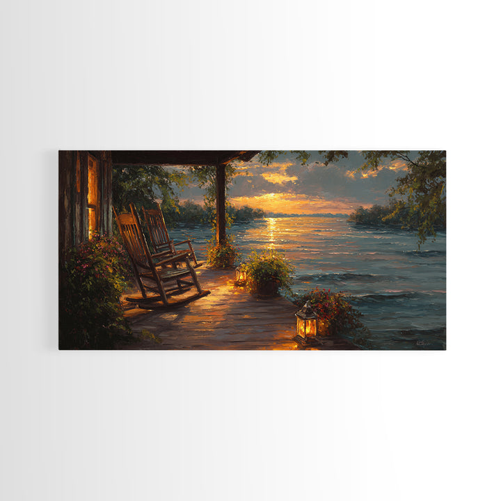 Sunset Porch Rocking Chair By Lake Wall Art, Cozy Cabin Canvas Print, Rustic Lakeside Home Decor, Housewarming Gift, Living Room Decor