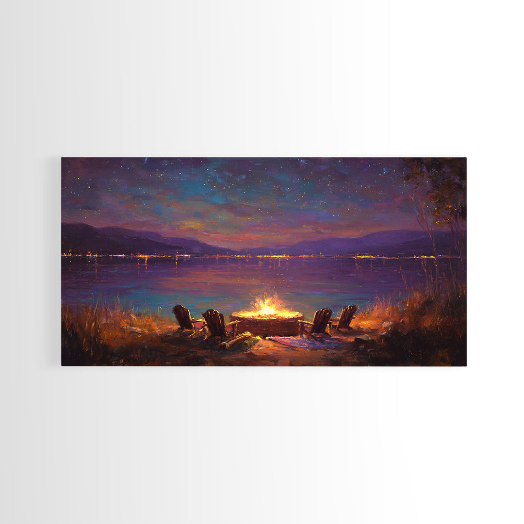 Campfire By Starlit Mountain Lake Canvas Print, Cozy Cabin Wall Decor, Rustic Landscape Art, Nature Lover Home Decor Gift