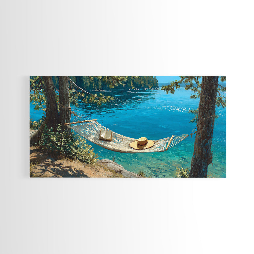 Lake Hammock Retreat Wall Art, Coastal Cabin Canvas Print, Nature Landscape, Lake House Decor, Relaxing Summer Home Decor
