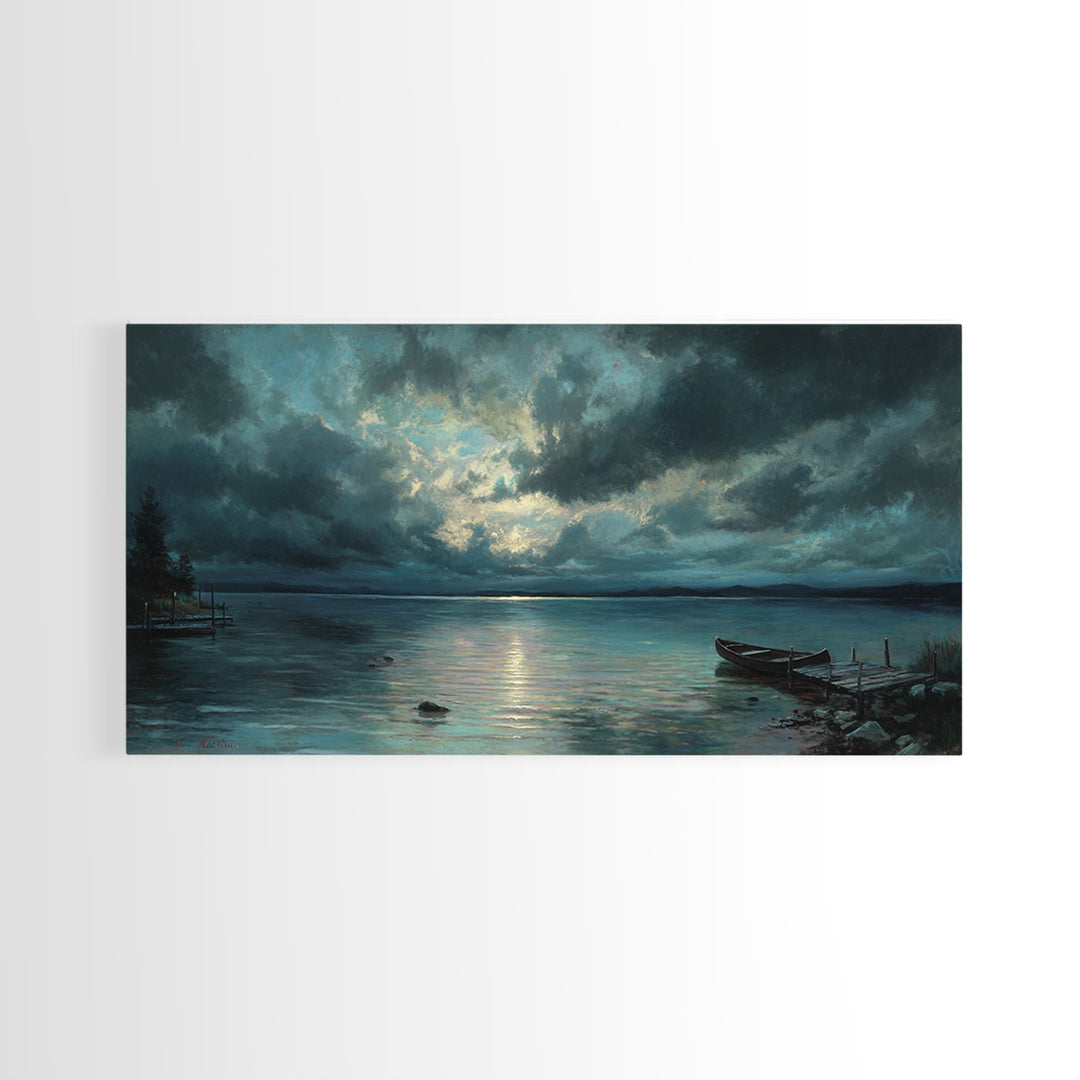 Stormy Moonlit Lake With Rowboat Wall Art, Moody Seascape Canvas Print, Dark Coastal Landscape Art, Living Room Decor, Office Decor