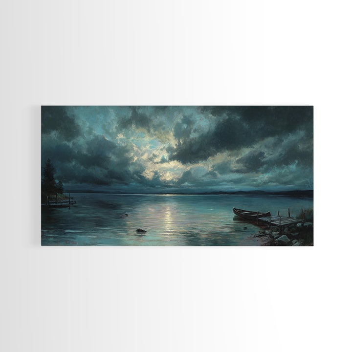 Stormy Moonlit Lake With Rowboat Wall Art, Moody Seascape Canvas Print, Dark Coastal Landscape Art, Living Room Decor, Office Decor