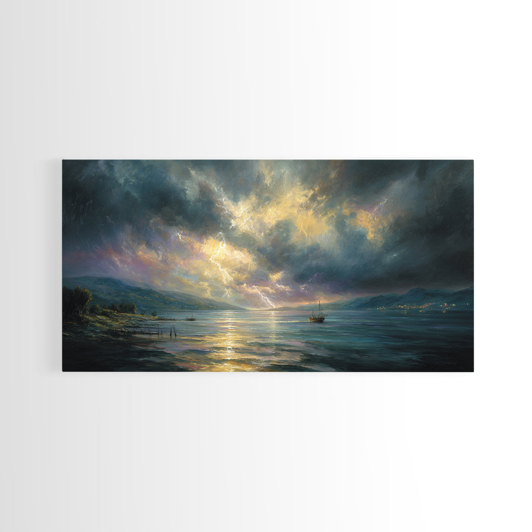 Stormy Ocean Lightning Seascape Canvas Print, Moody Wall Art, Nautical Decor, Coastal Landscape, Large Living Room Art Print