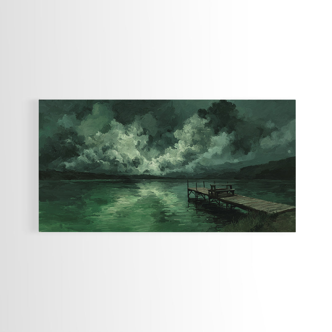 Moody Green Lake Dock At Stormy Night Wall Art, Dark Landscape Canvas Print, Rustic Cabin Decor, Emerald Nature Painting