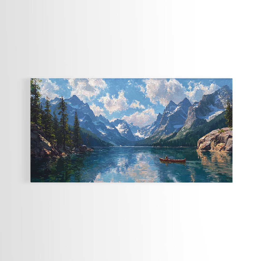 Mountain Lake Canoe Wall Art, Alpine Landscape Canvas Print, Serene Nature Decor, Large Rustic Cabin Gift For Living Room
