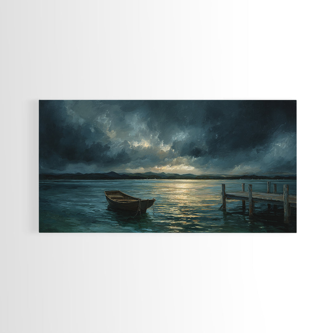 Stormy Row Boat And Wooden Dock Seascape Wall Art, Moody Ocean Canvas Print, Coastal Decor, Nautical Wall Decor Gift For Him