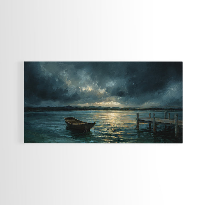 Stormy Row Boat And Wooden Dock Seascape Wall Art, Moody Ocean Canvas Print, Coastal Decor, Nautical Wall Decor Gift For Him