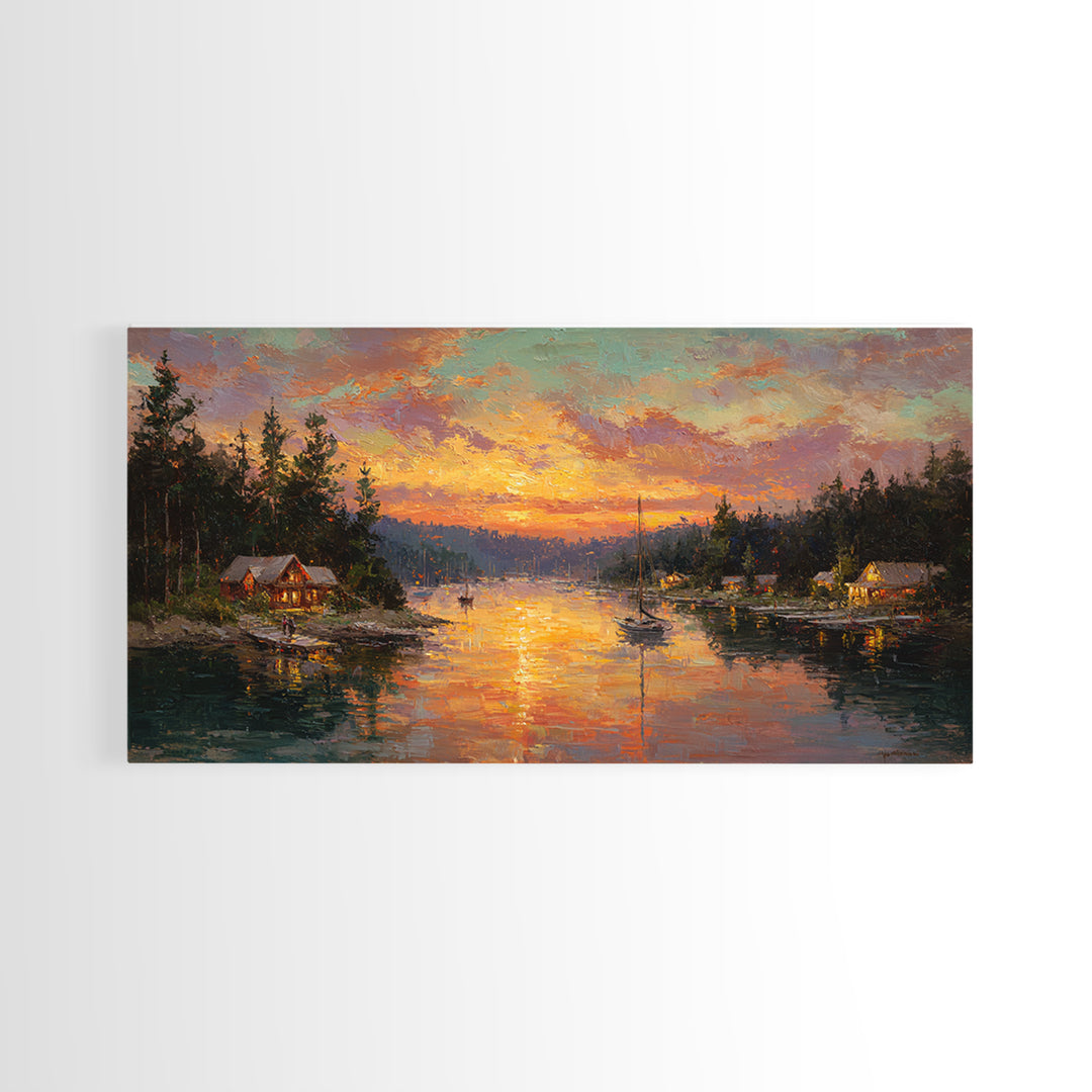 Glowing Lakeside Cabins At Sunset Framed Canvas Print, Rustic Lake House Wall Art, Cabin Decor, Landscape Painting, Living Room Decor