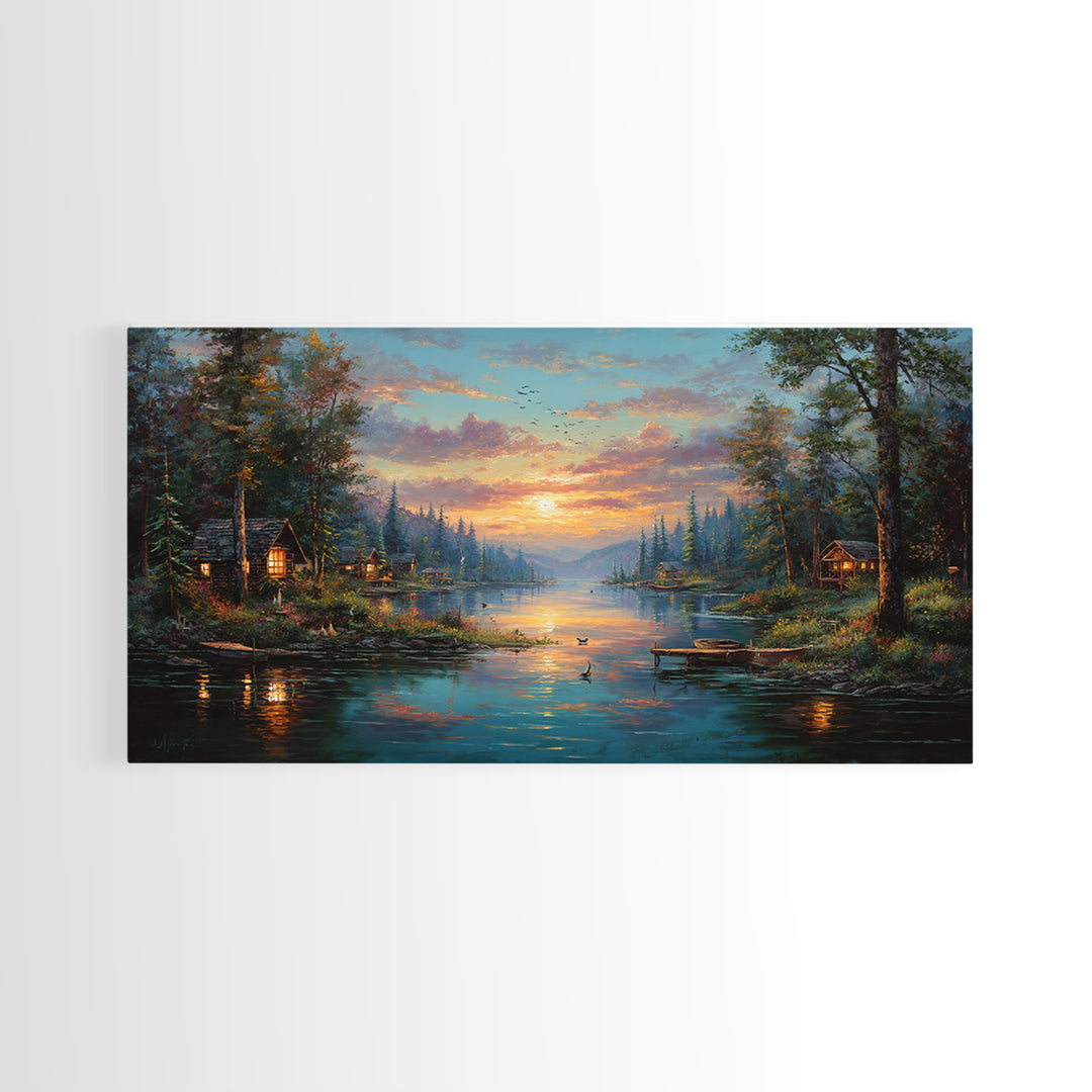 Peaceful Forest Lake Sunrise Canvas Print, Cozy Cabin Wall Art, Rustic Home Decor, Lake House Gift, Living Room Art, Nature Wall Art