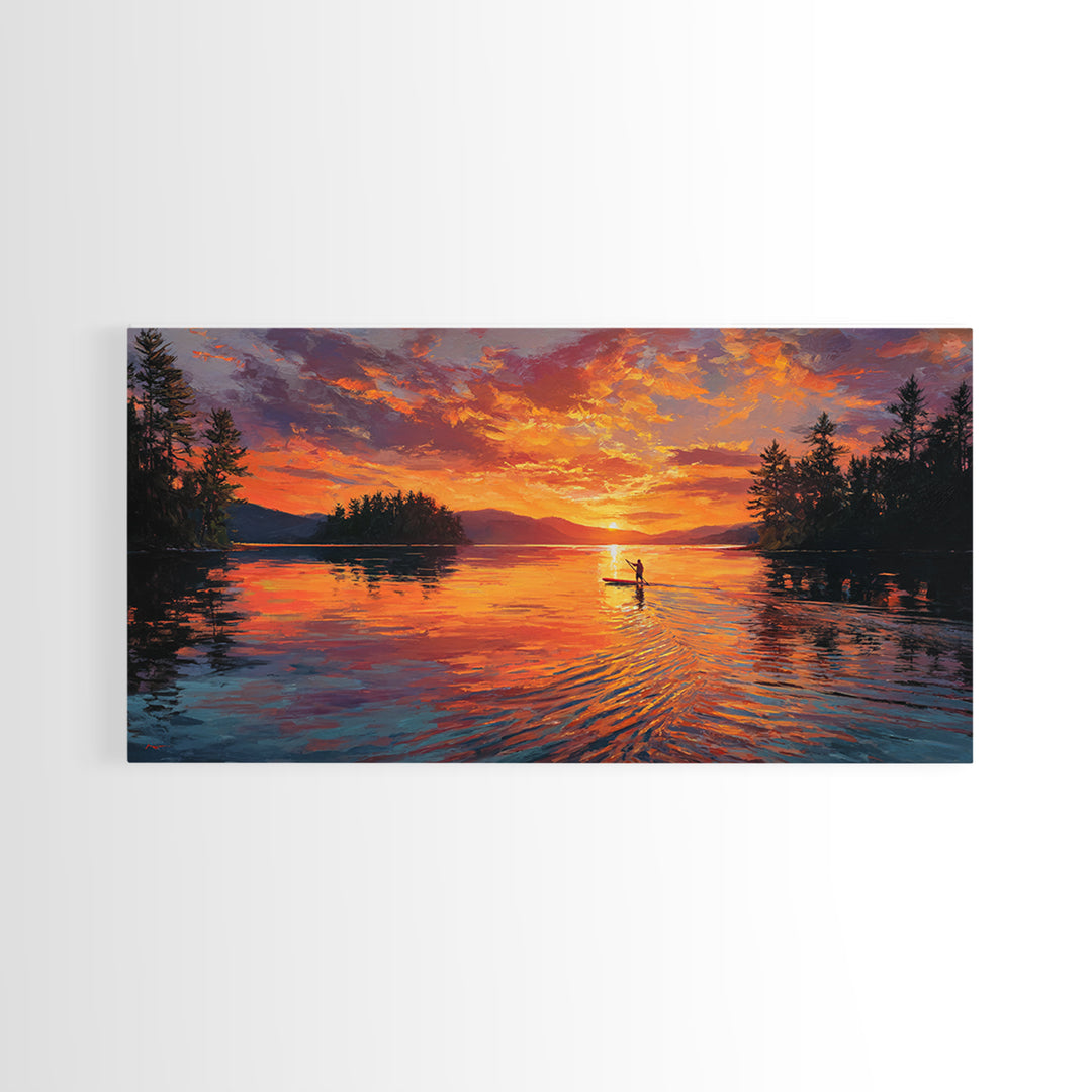 Fiery Sunset Kayaker On Mountain Lake Wall Art, Canvas Print, Outdoor Adventure Decor, Lake House Gift, Large Wall Art, Sunset Painting