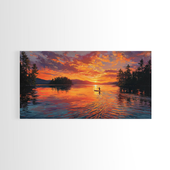 Fiery Sunset Kayaker On Mountain Lake Wall Art, Canvas Print, Outdoor Adventure Decor, Lake House Gift, Large Wall Art, Sunset Painting