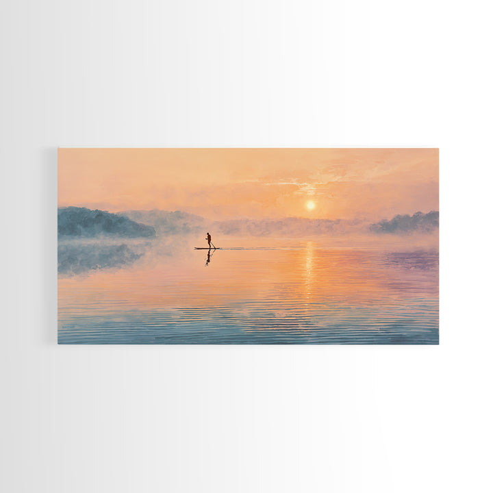 Minimal Paddleboarder On Misty Sunrise Lake Canvas Print, Calming Wall Art, Coastal Decor, Minimalist Landscape Art, Bedroom Decor