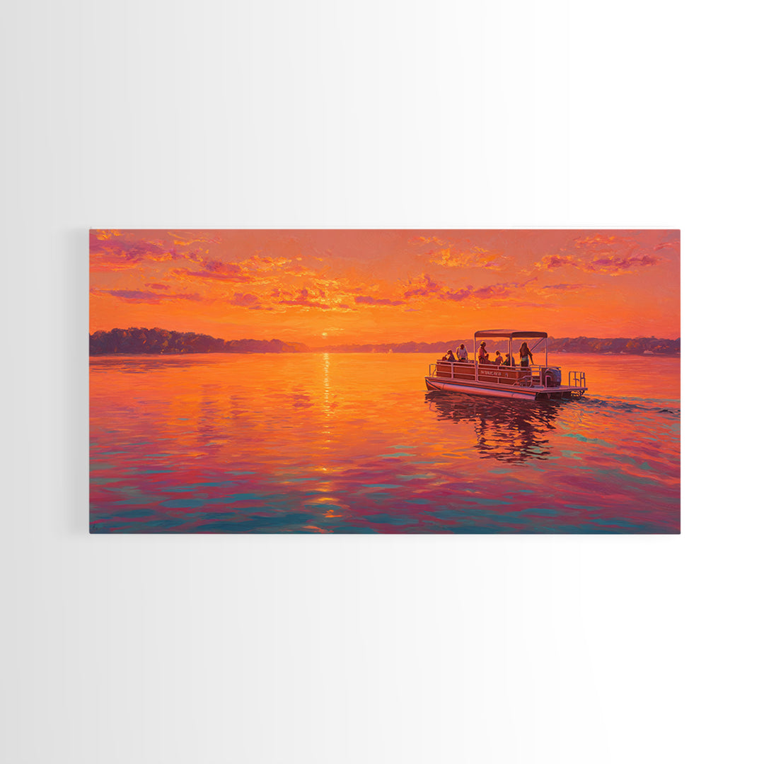 Orange Sunset Pontoon Boat On Calm Lake Framed Canvas Print, Lake House Wall Art, Nautical Decor, Summer Home Decor, Gift For Him