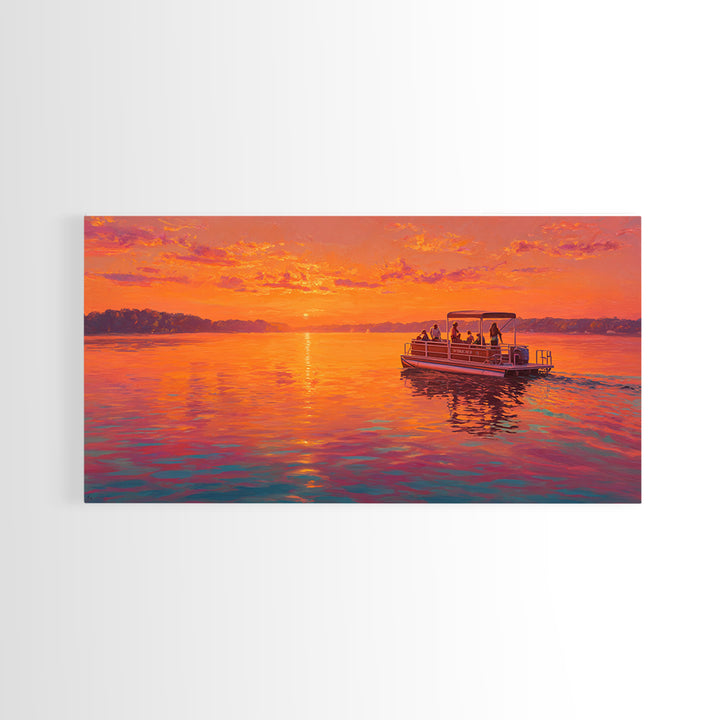 Orange Sunset Pontoon Boat On Calm Lake Framed Canvas Print, Lake House Wall Art, Nautical Decor, Summer Home Decor, Gift For Him
