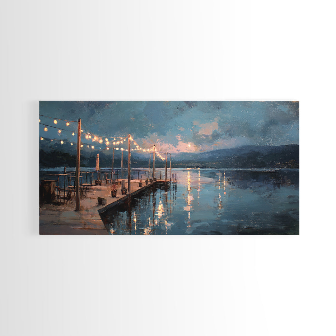 Moonlit Dock With String Lights Framed Canvas Print, Moody Lake Wall Art, Coastal Wall Decor, Rustic Cabin Home Decor, Office Decor