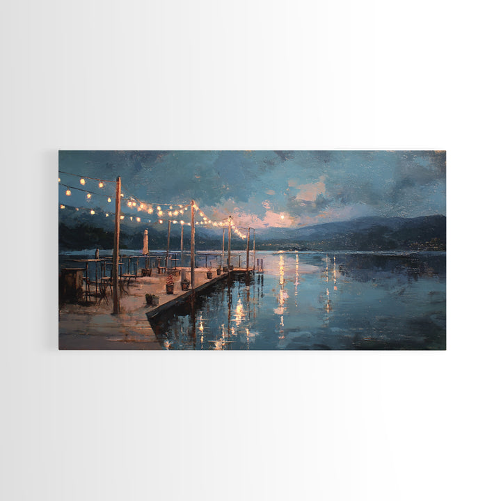 Moonlit Dock With String Lights Framed Canvas Print, Moody Lake Wall Art, Coastal Wall Decor, Rustic Cabin Home Decor, Office Decor