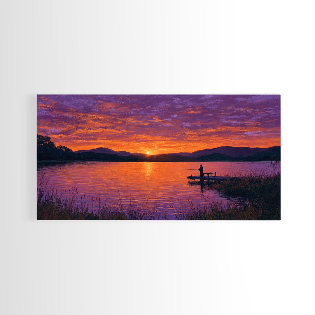Solitary Figure On Dock At Purple Sunset Wall Art, Framed Canvas Print, Mountain Lake Decor, Peaceful Bedroom Art, Living Room Decor