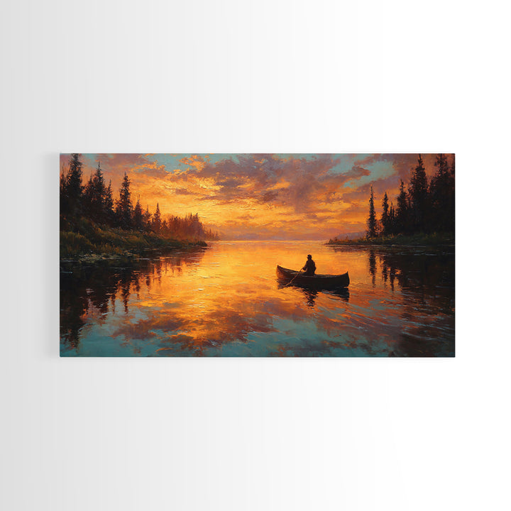 Golden Canoe At Sunset On Quiet Forest Lake Canvas Print, Rustic Cabin Wall Art, Nature Decor, Landscape Painting, Lake House Decor