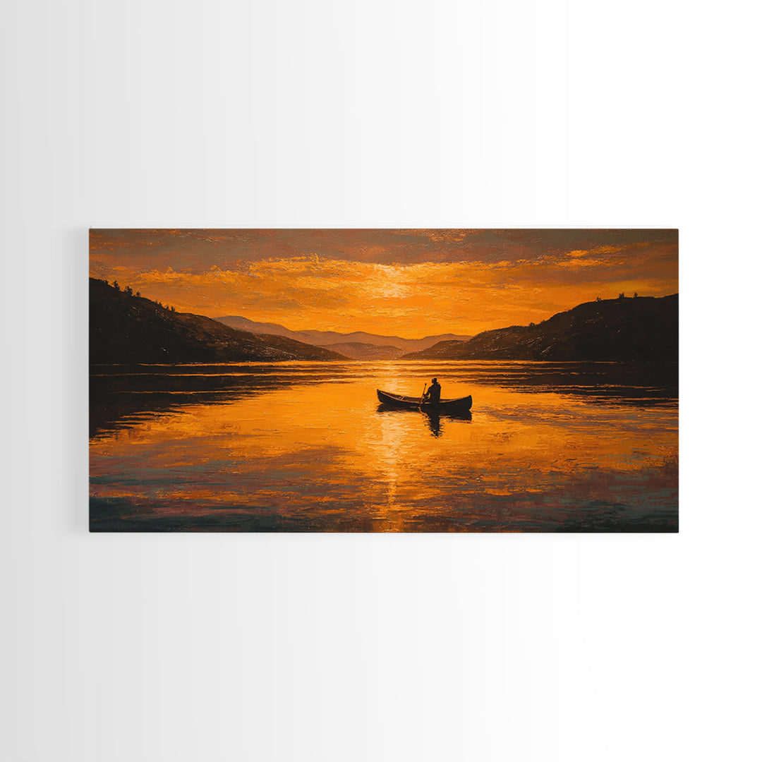 Orange Sunset Lake Boat Silhouette Canvas Print, Rustic Landscape Wall Decor, Serene Cabin Living Room Art, Housewarming Gift