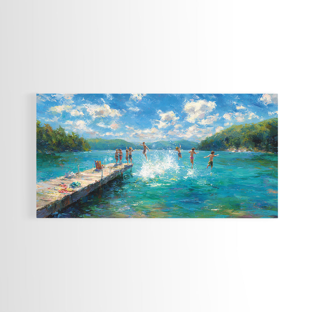 Joyful Summer Kids Jumping Into Blue Lake Artwork, Vibrant Landscape Canvas Print, Wall Art For Family Room And Children's Bedroom Decor