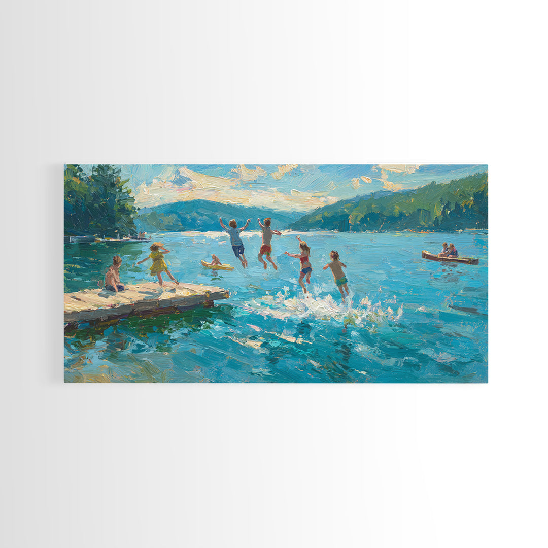 Children Jumping Into Lake On Summer Day With Vibrant Blue Water And Green Landscape Wall Art Canvas Print For Home Decor