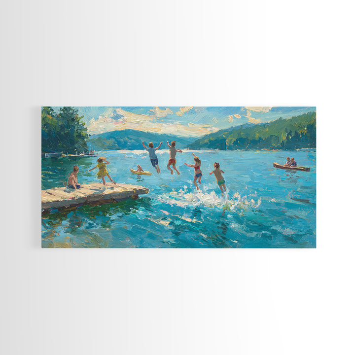 Children Jumping Into Lake On Summer Day With Vibrant Blue Water And Green Landscape Wall Art Canvas Print For Home Decor