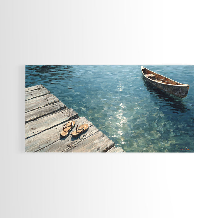 Serene Lake View With Wooden Boat And Dock Landscape Wall Art Framed Canvas Print For Coastal Home Decor