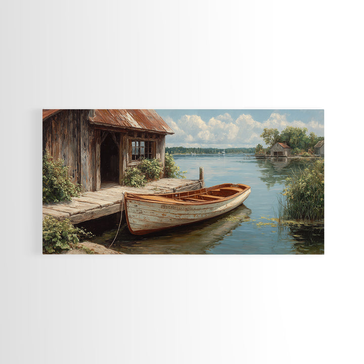 Rustic Waterfront Scene With Wooden Rowboat And Weathered Dock Painting Wall Art Canvas Print For Living Room Decor