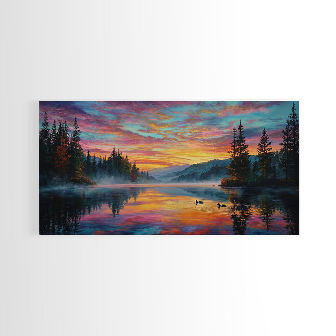 Serene Misty Lake Sunset Landscape Painting Wall Art Canvas Print For Tranquil Living Room Décor