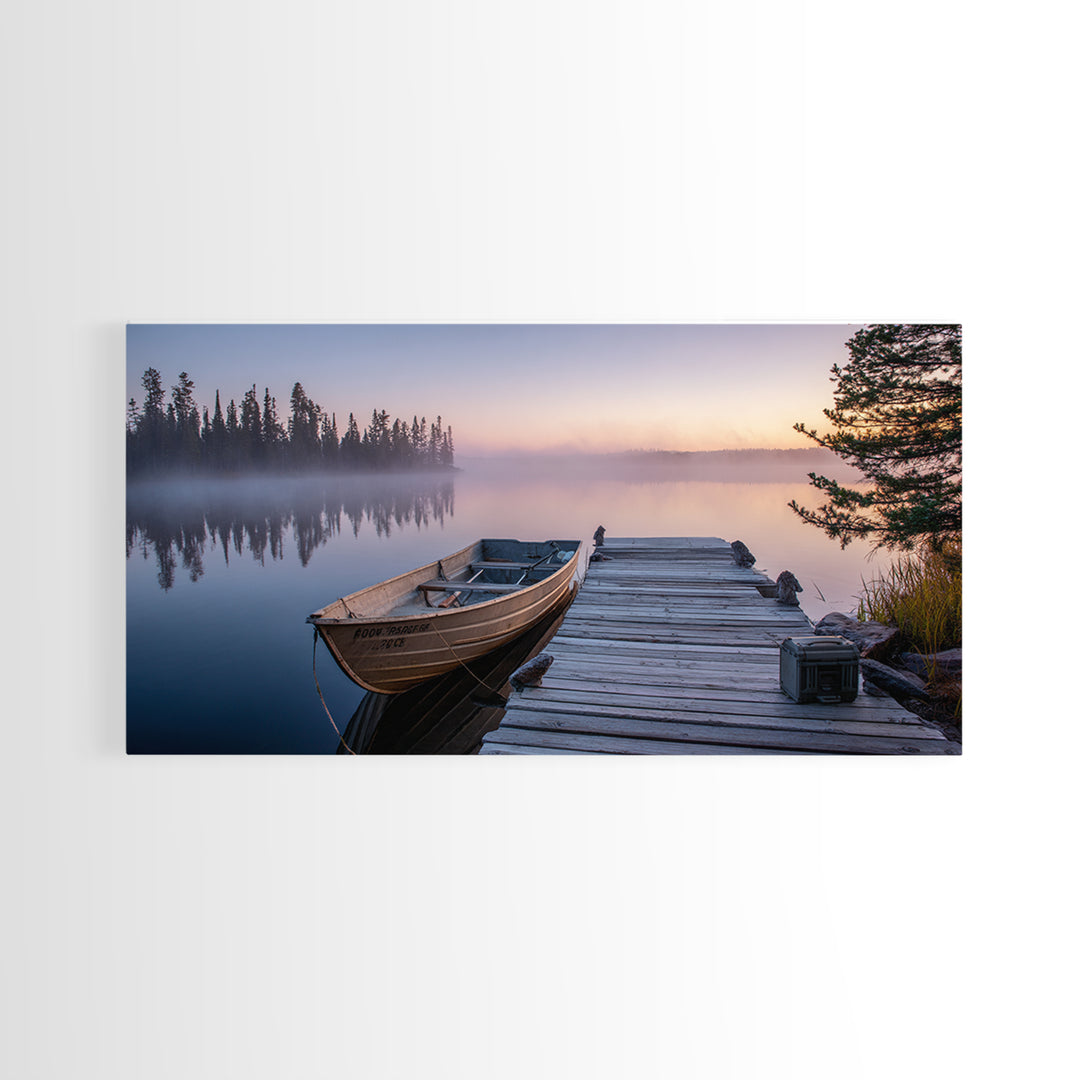 Misty Lake Morning With Boat And Trees Soft Pastel Landscape Wall Art For Rustic Home Decor And Large Framed Canvas Print